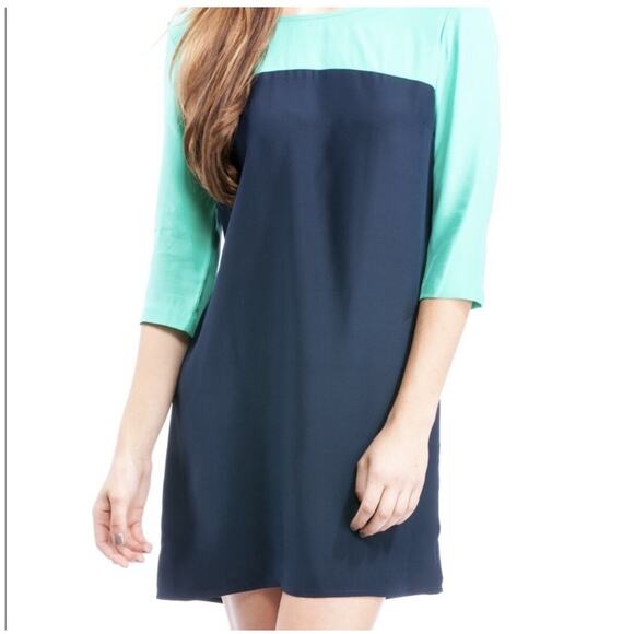 Amanda Uprichard Color Block Shift Dress Green‎ Navy Blue 3/4 Sleeve - Size P - Picture 1 of 7